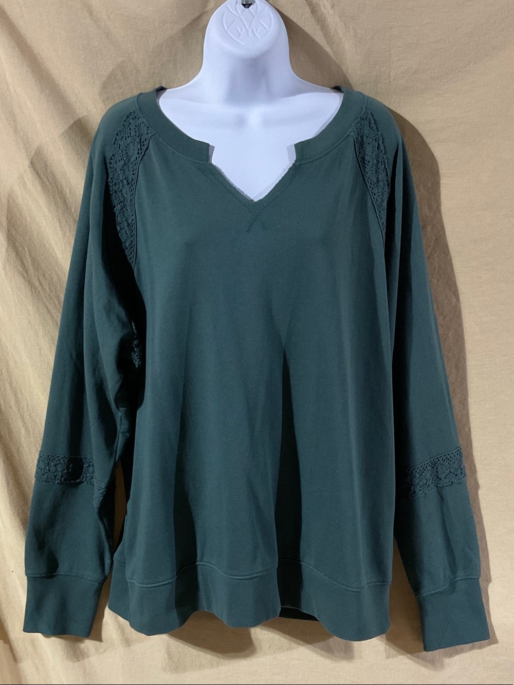 Maurices Size XL Dark Green Lace-Trim V-Notch Pullover Sweatshirt
